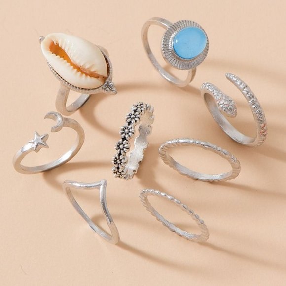 New Adorable Mother's Aqua Blue Silver Ring Set 8p - Picture 2 of 4